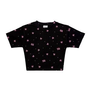 NEW Madmind Pink Bow Short Sleeve Bodycon Crop Top - Black Small